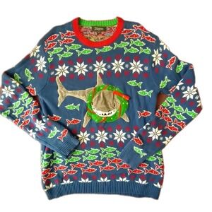 33 Degrees Christmas Sweater Mens Medium Blue‎ Shark Ugly Holiday Pullover